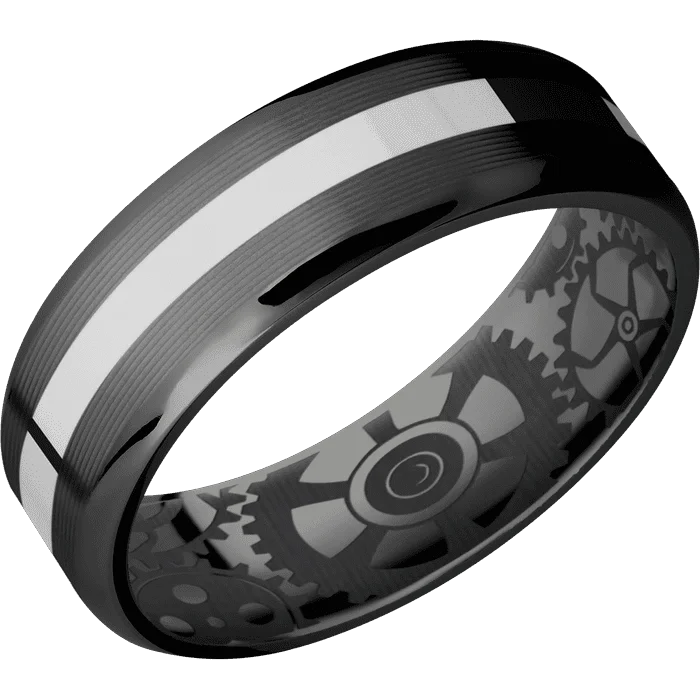 opal and silver ring -7mm wide Beveled Black Titanium Ring with Machine Finish / One 2mm Centered Palladium Silver Inlay with Polish Finish / None Interior Pattern