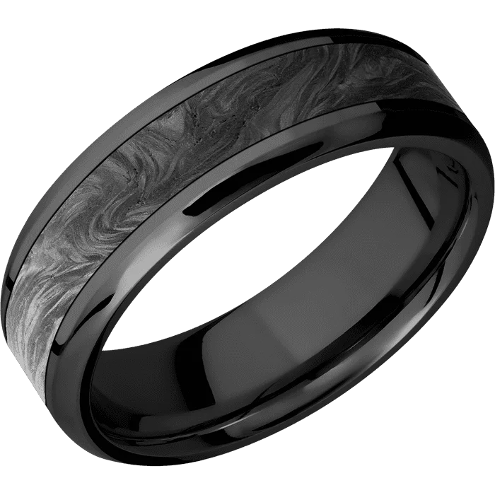 geometric silver ring -7mm wide Beveled Black Titanium Ring with Polish Finish / One 4mm Centered Forged Carbon Fiber Inlay