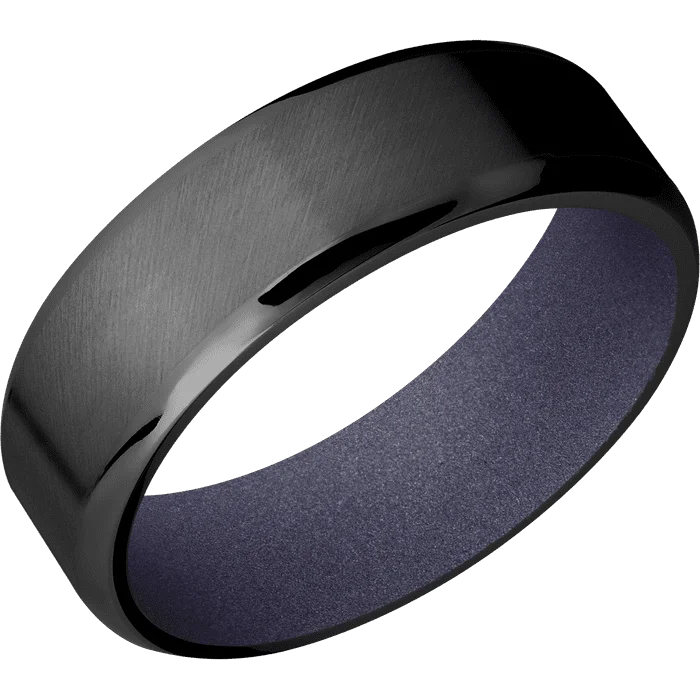 minimalist diamond band ring -7mm wide Beveled Black Zirconium Ring with Angle Satin Finish / Crushed Orchid Cerakote Sleeve