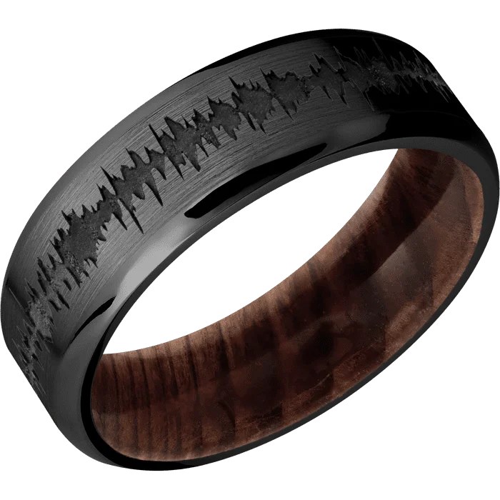 engraved family ring -7mm wide Beveled Black Zirconium Ring with Satin Finish / Soundwave Design / Sequoia Sleeve