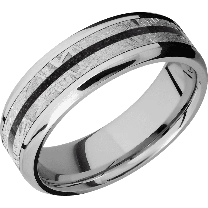 men’s braided ring -7mm wide Beveled Inconel Ring with Polish Finish / One 4mm Centered Meteorite Inlay / One 1mm Centered Black Dinosaur Bone Inlay