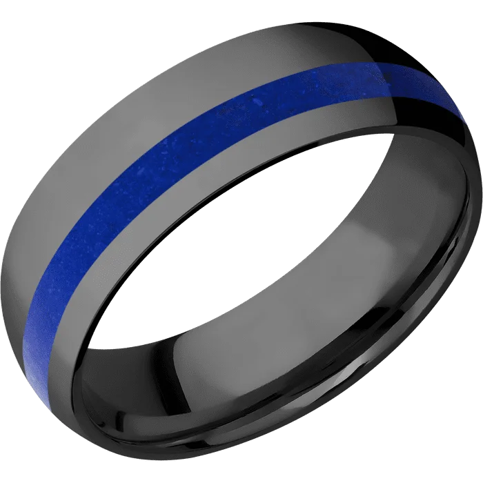 black onyx ring for men -7mm wide Domed Black Zirconium Ring with Polish Finish / One 2mm Off Center Lapis Inlay