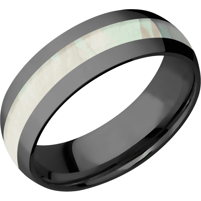 luxury platinum wedding band -7mm wide Domed Black Zirconium Ring with Polish Finish / One 3mm Centered Freshwater Mother of Pearl Inlay