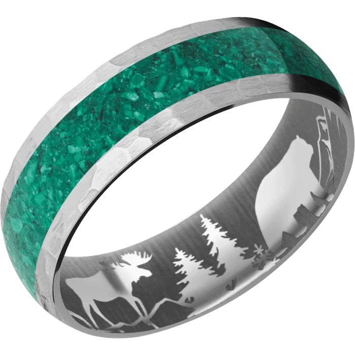 titanium promise ring -7mm wide Domed Titanium Ring with Hammer Finish / One 4mm Centered Malachite Inlay / None Interior Pattern