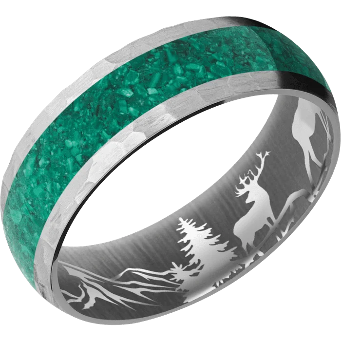 silver cross ring for men -7mm wide Domed Titanium Ring with Hammer Finish / One 4mm Centered Malachite Inlay / None Interior Pattern