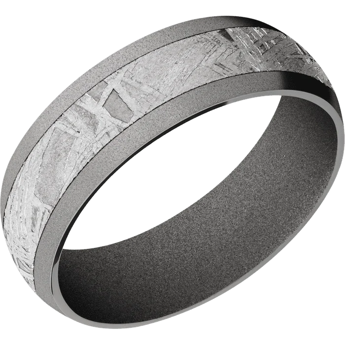 wedding band with diamonds -7mm wide Domed Titanium Ring with Sand Blast Finish / One 4mm Centered Meteorite Inlay / Gun Metal Grey Cerakote Sleeve