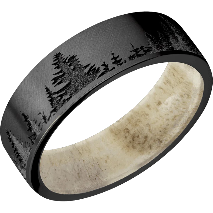 sterling silver eternity ring -7mm wide Flat Black Titanium Ring with Angle Satin Finish / Trees Design / Antler Sleeve