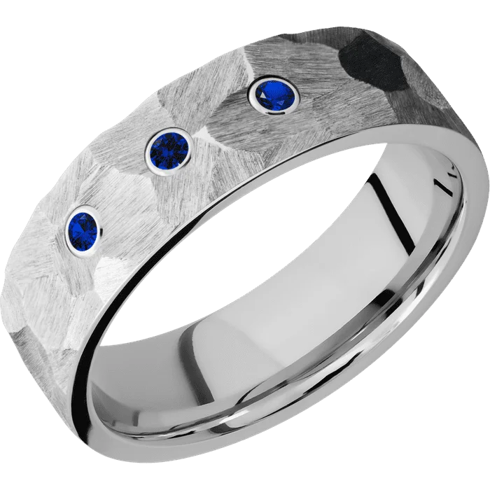 geometric silver ring -7mm wide Flat Cobalt Chrome Ring with Rock Finish / 3 Round .03 carat Sapphire Bezel-Set Gemstones