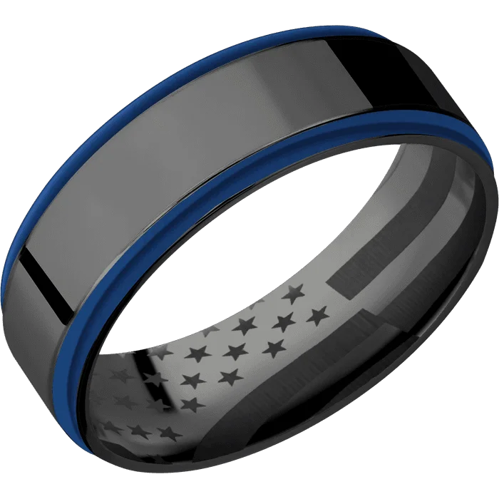 adjustable statement ring -7mm wide Flat Grooved Edges Black Zirconium Ring with Polish Finish / Two 1mm Edge Royal Blue Cerakote Inlay / None Interior Pattern