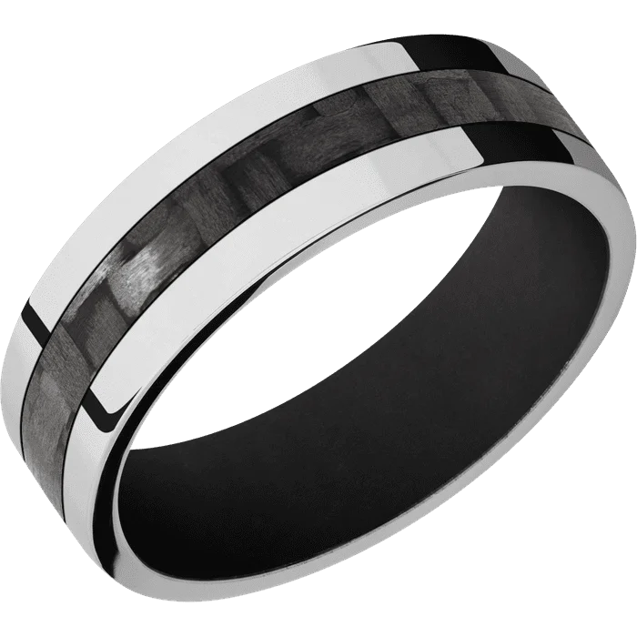 personalized initial ring -7mm wide Flat Palladium Silver Ring with Polish Finish / One 3mm Centered Black Carbon Fiber Inlay / Black Cerakote Sleeve