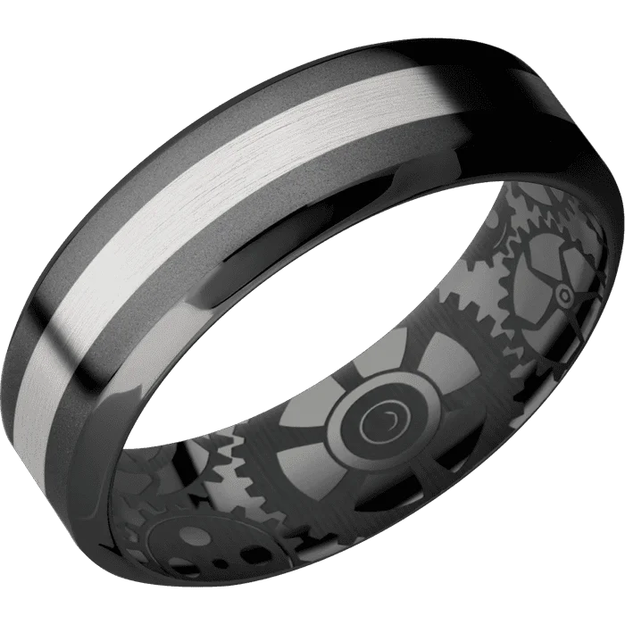 custom engraved wedding band -7mm wide High Bevel Black Titanium Ring with Bead Blast Finish / One 2mm Centered Palladium Silver Inlay with Satin Finish / None Interior Pattern