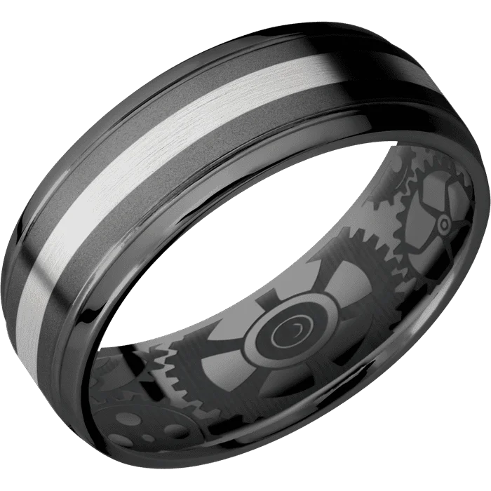 vintage style wedding ring -7mm wide Stepped Bevel Black Titanium Ring with Bead Blast Finish / One 2mm Centered Palladium Silver Inlay with Satin Finish / None Interior Pattern