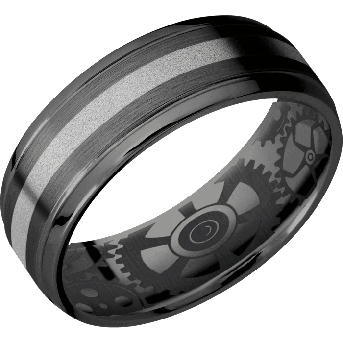 silver and gold stacking rings -7mm wide Stepped Bevel Black Titanium Ring with Satin Finish / One 2mm Centered Palladium Silver Inlay with Sand Blast Finish / None Interior Pattern