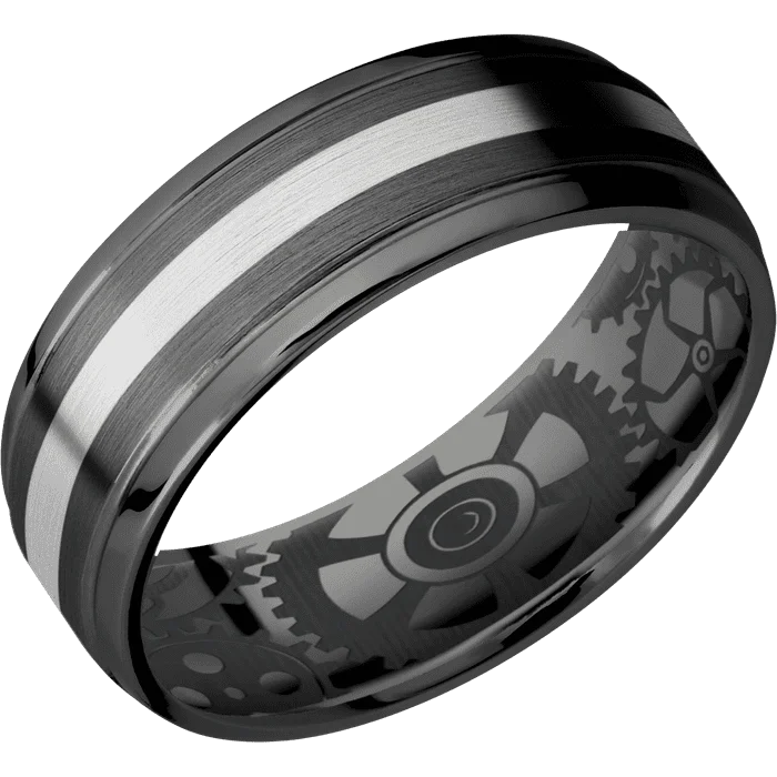 men’s engraved wedding band -7mm wide Stepped Bevel Black Titanium Ring with Satin Finish / One 2mm Centered Palladium Silver Inlay with Satin Finish / None Interior Pattern