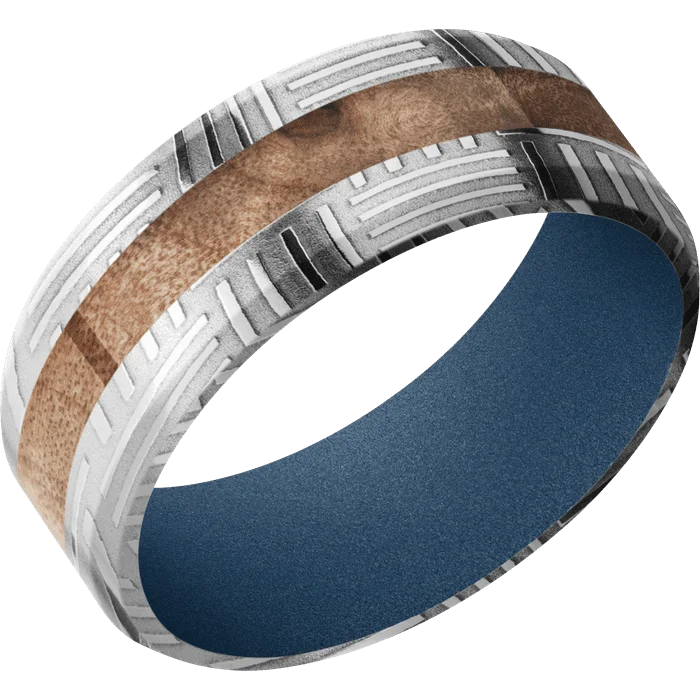 silver and gold stacking rings -8mm wide Beveled Basketweave Damascus Steel Ring with Polish Damascus Finish / One 3mm Centered Maple Burl Inlay / Polar Blue Cerakote Sleeve