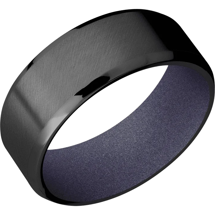 stacking rings with diamonds -8mm wide Beveled Black Zirconium Ring with Angle Satin Finish / Crushed Orchid Cerakote Sleeve