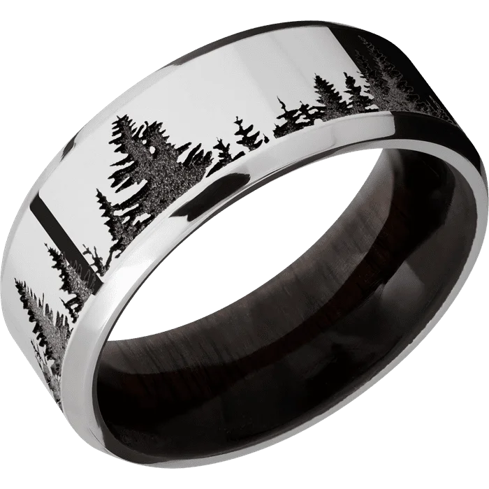 custom carved wood ring -8mm wide Beveled Palladium Silver Ring with Polish Finish / Trees Design / Ebony Sleeve