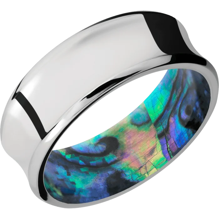 men’s stainless steel ring -8mm wide Concave Bevel Palladium Silver Ring with Polish Finish / Abalone Sleeve