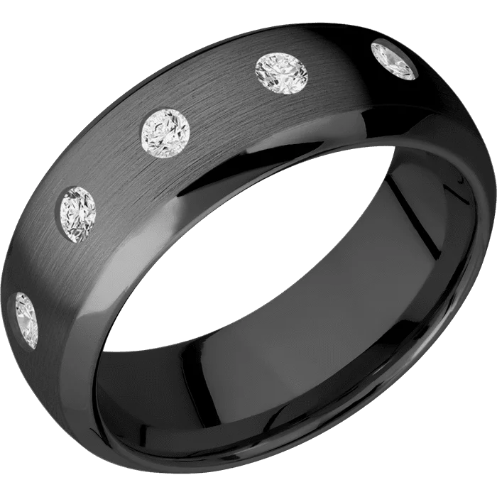 gemstone cocktail ring for women -8mm wide Domed Bevel Black Zirconium Ring with Satin Finish / 5 Round .07 carat Lab Grown Diamond Flush-Set Gemstones