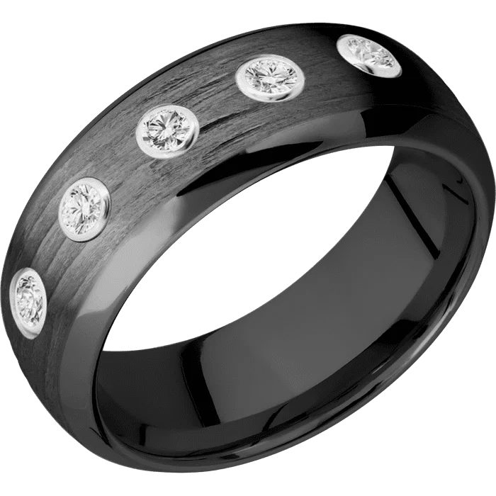 bohemian stackable rings -8mm wide Domed Bevel Black Zirconium Ring with Treebark H Finish / 5 Round .07 carat Lab Grown Diamond Bezel-Set Gemstones