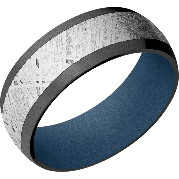 custom engraved gold ring -8mm wide Domed Black Zirconium Ring with Bead Blast Finish / One 5mm Centered Meteorite Inlay / Polar Blue Cerakote Sleeve