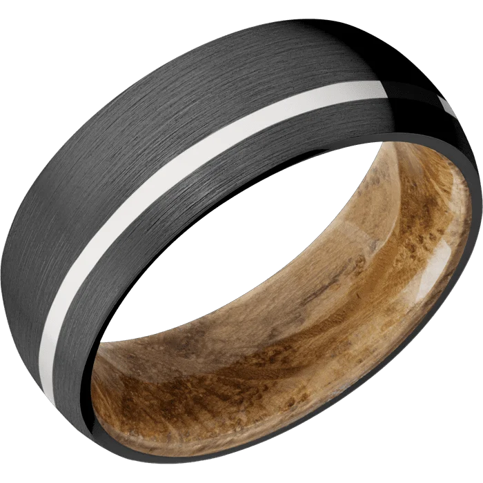 wide band silver ring -8mm wide Domed Black Zirconium Ring with Satin Finish / One 1mm Off Center 14k White Gold Inlay with Polish Finish / Whiskey Barrel Sleeve