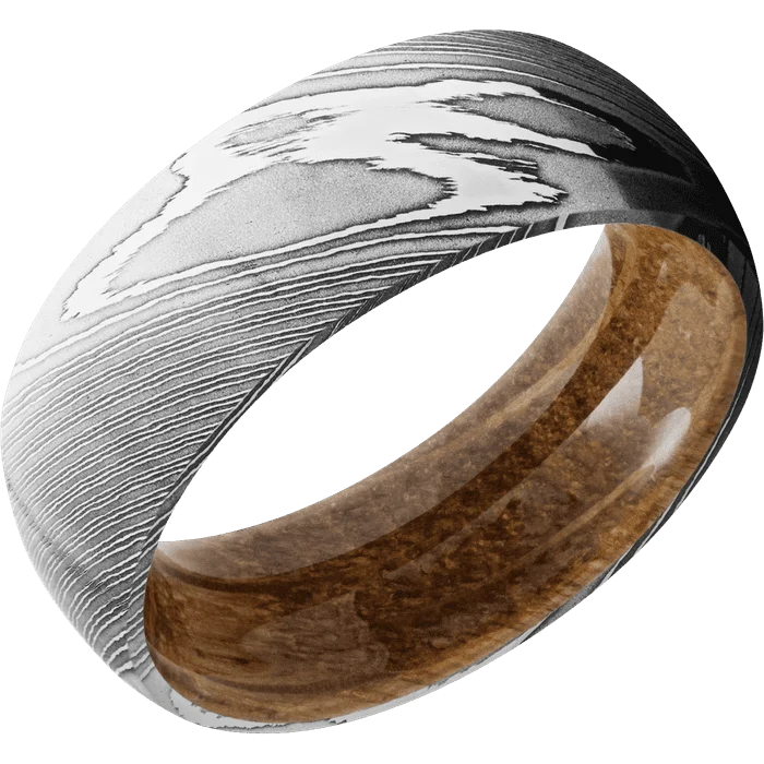 large statement gemstone ring -8mm wide Domed Damascus Steel Ring with Polish Damascus Finish / Whiskey Barrel Sleeve