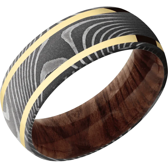 cubic zirconia wedding ring -8mm wide Domed Flattwist Damascus Steel Ring with Acid Damascus Finish / Two 1mm Wide 14k Yellow Gold Inlay with Polish Finish / Sequoia Sleeve