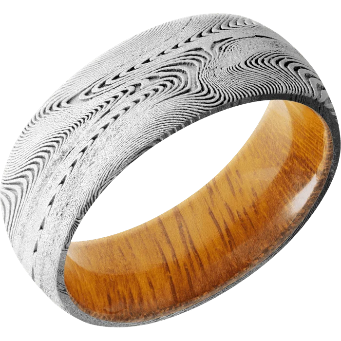 engraved couple matching rings -8mm wide Domed Tightweave Damascus Steel Ring with Bead Blast Kuro Damascus Finish / Osage Orange Sleeve