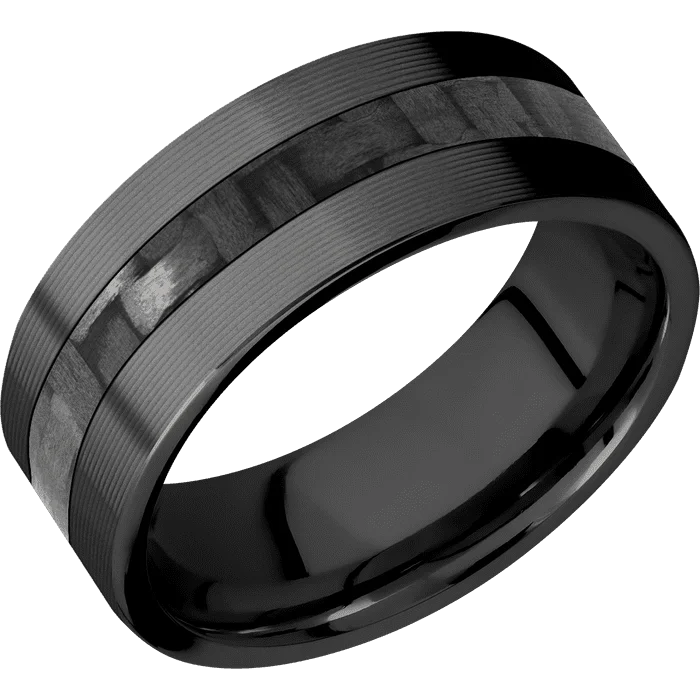 handmade silver ring -8mm wide Flat Black Titanium Ring with Machine Finish / One 3mm Centered Black Carbon Fiber Inlay