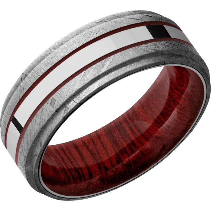 men’s titanium wedding ring -8mm wide Flat Grooved Edges Meteorite Ring / One 2mm Centered 18k White Gold Inlay with Polish Finish and Crimson Cerakote Accents / Blood Wood Sleeve