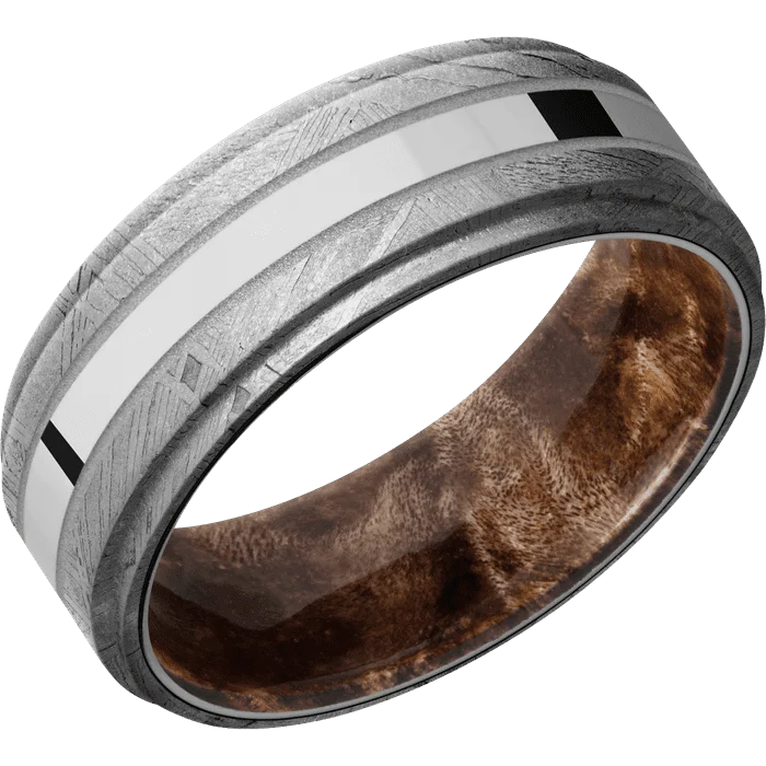 sapphire gemstone ring -8mm wide Flat Grooved Edges Meteorite Ring / One 2mm Centered Palladium Silver Inlay with Polish Finish and Crushed Silver Cerakote Accents / Maple Burl Sleeve