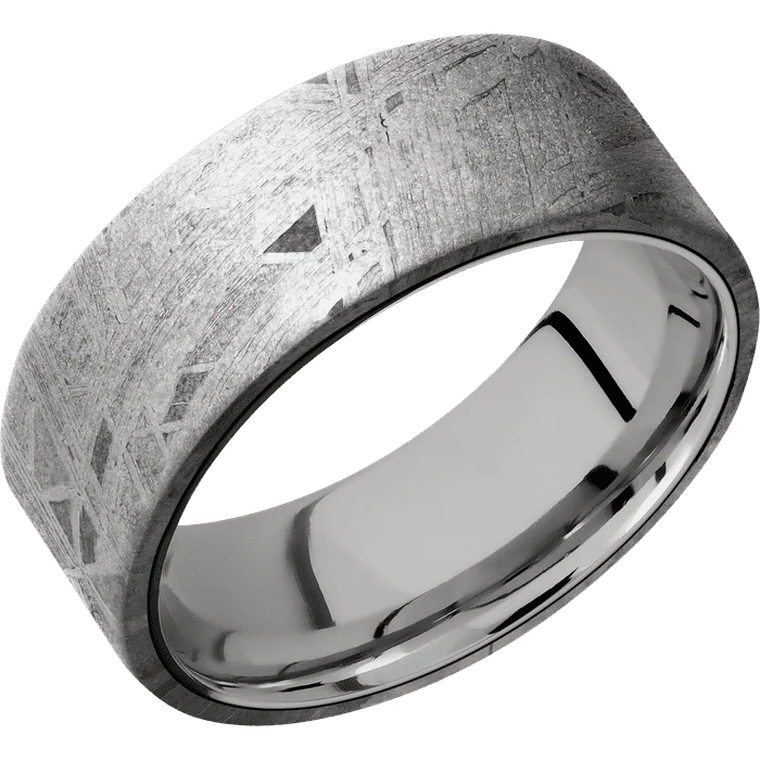 silver heart ring for women -8mm wide Flat Meteorite Ring / Titanium Sleeve