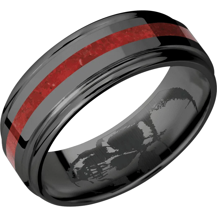 double stone gemstone ring -8mm wide Flat Rounded Edges Black Titanium Ring with Polish Finish / One 2mm Centered Coral Inlay / None Interior Pattern