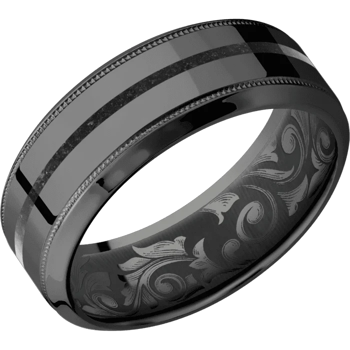 hammered silver wedding band -8mm wide High Bevel Milgrain Black Titanium Ring with Polish Finish / One 1mm Centered Black Dinosaur Bone Inlay / None Interior Pattern