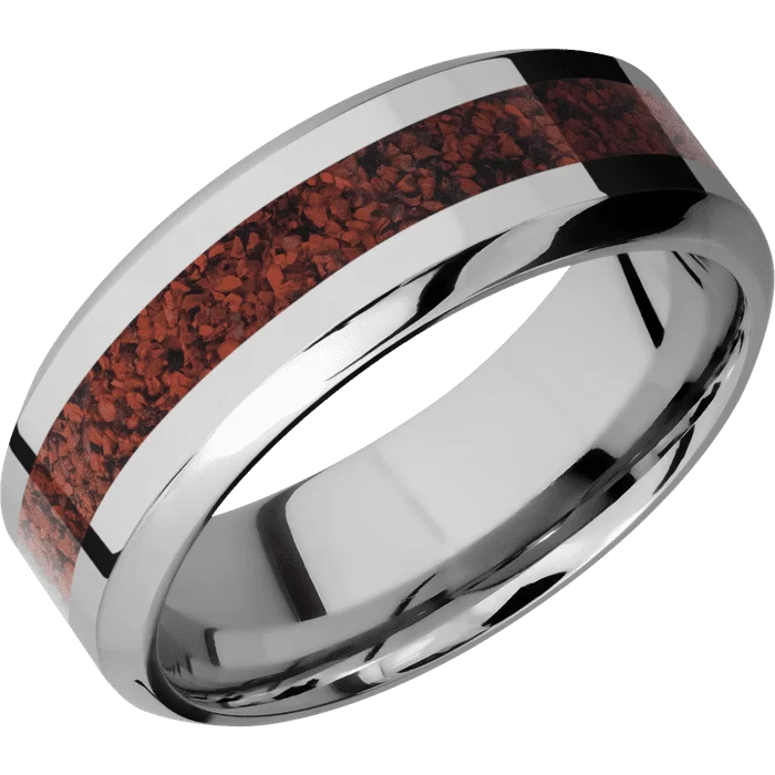 vintage ruby ring -8mm wide High Bevel Titanium Ring with Polish Finish / One 3mm Centered Red Dinosaur Bone Inlay