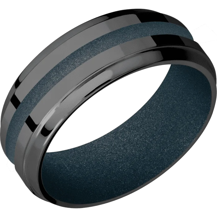 gemstone eternity ring -8mm wide Stepped Bevel Black Titanium Ring with Polish Finish / One 2mm Centered Blue Titanium Cerakote Inlay / Blue Titanium Cerakote Sleeve