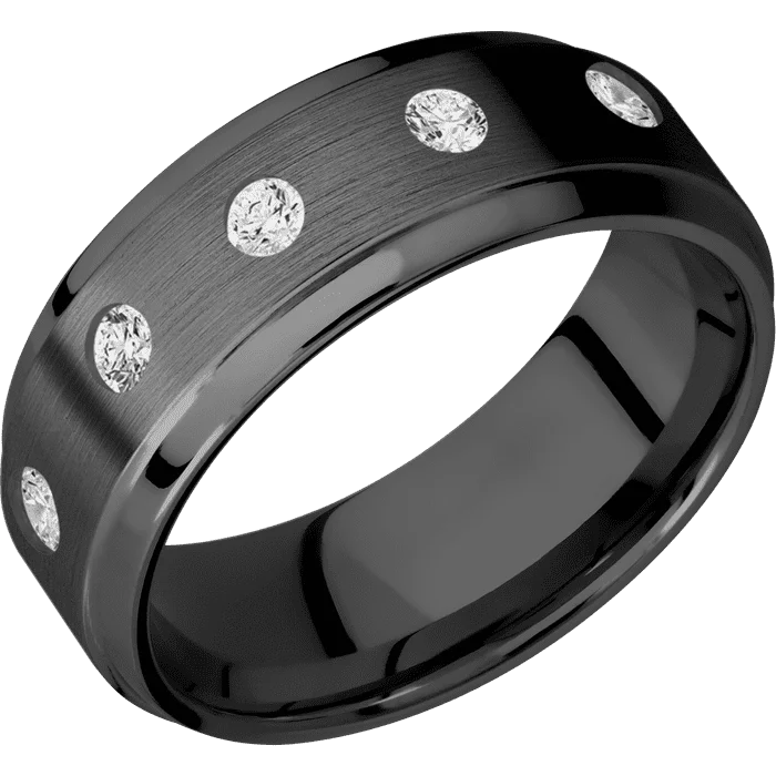 twisted rope ring for men -8mm wide Stepped Bevel Black Zirconium Ring with Satin Finish / 5 Round .07 carat Lab Grown Diamond Flush-Set Gemstones