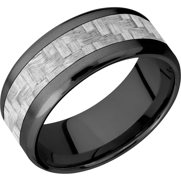 cubic zirconia wedding ring -9mm wide Beveled Black Titanium Ring with Bead Blast Finish / One 5mm Centered Silver Texalium Inlay