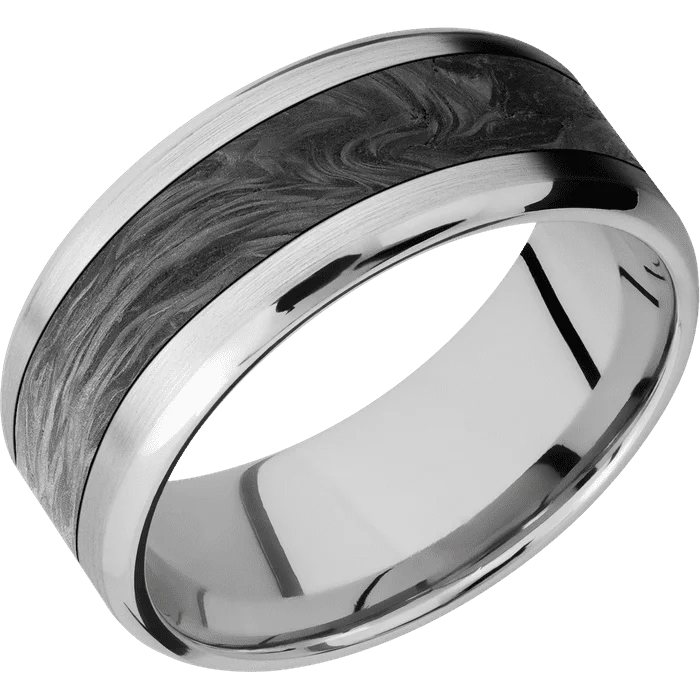 twisted rope ring for men -9mm wide Beveled Cobalt Chrome Ring with Satin Finish / One 5mm Centered Forged Carbon Fiber Inlay