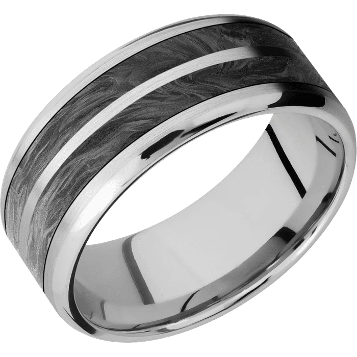 polished silver band ring -9mm wide Beveled Cobalt Chrome Ring with Satin Finish / One 6mm Centered Forged Carbon Fiber Inlay / One 1mm Centered Palladium Silver Inlay with Satin Finish