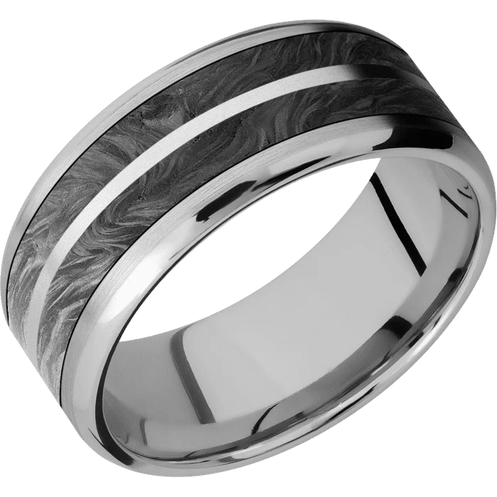 personalized name bar ring -9mm wide Beveled Titanium Ring with Satin Finish / One 6mm Centered Forged Carbon Fiber Inlay / One 1mm Centered Palladium Silver Inlay with Bead Blast Finish