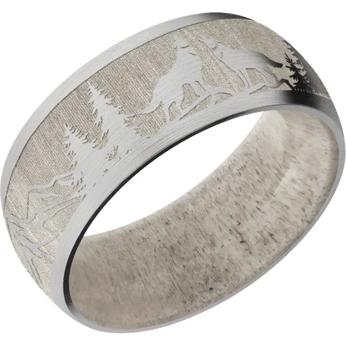 silver moonstone ring -9mm wide Domed 10k White Gold Ring with Satin Finish / Wolf Mountain Design / Antler Sleeve