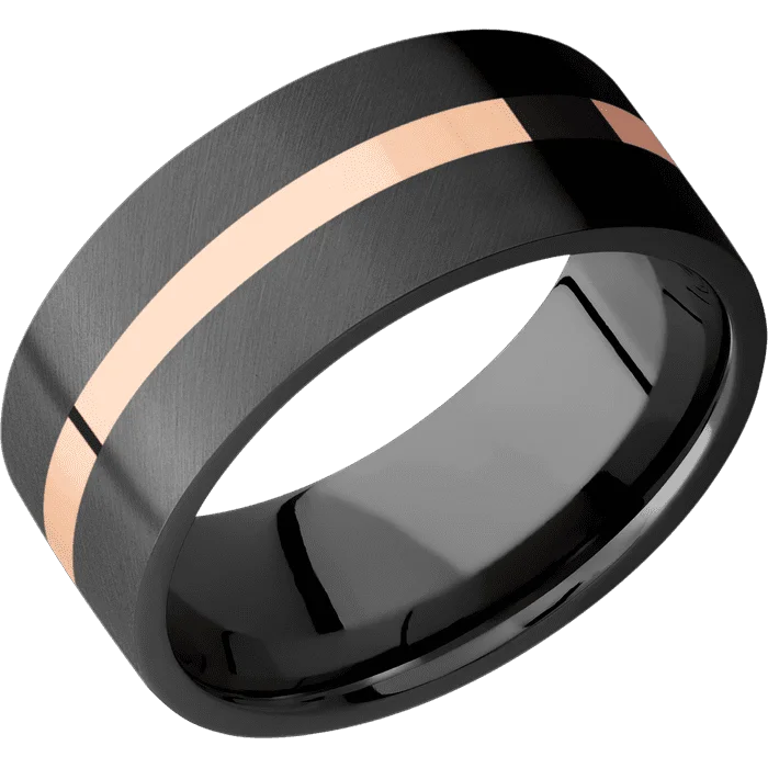 modern geometric ring -9mm wide Flat Black Titanium Ring with Angle Satin Finish / One 2mm Centered 18k Rose Gold Inlay with Polish Finish