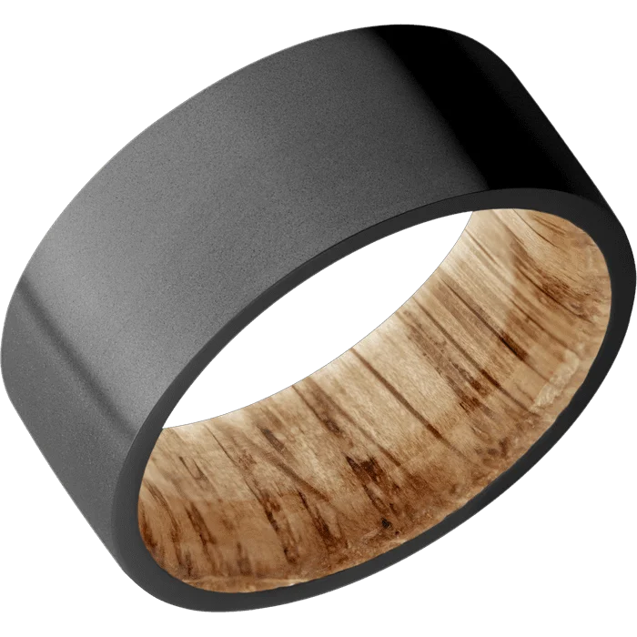 custom name ring -9mm wide Flat Black Titanium Ring with Bead Blast Finish / Natural Oak Sleeve