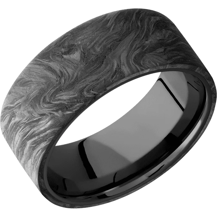 custom engraved couple’s ring -9mm wide Flat Forged Carbon Fiber Ring / Black Titanium Sleeve