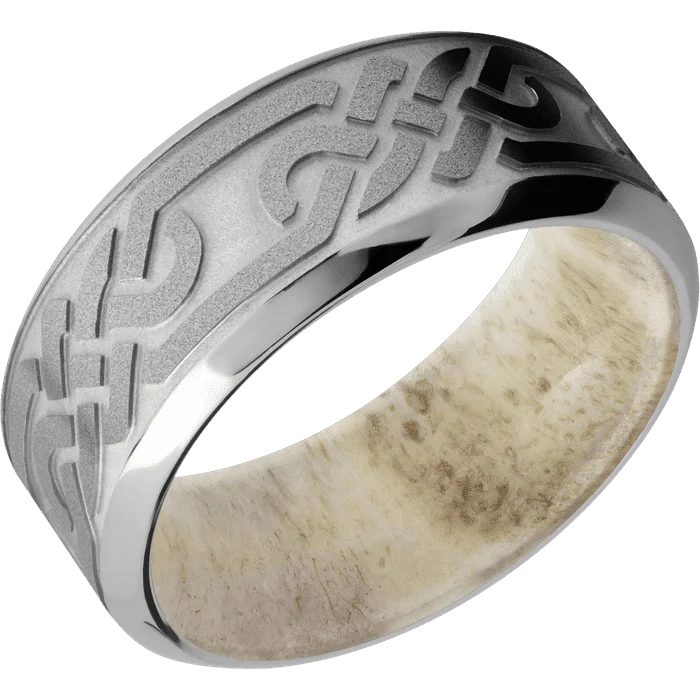 luxury platinum wedding band -9mm wide High Bevel Titanium Ring with Sand Blast Finish / Celtic Loop U Design / Antler Sleeve