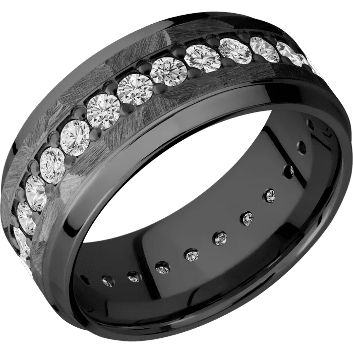 gold band engagement ring -9mm wide Stepped Bevel Black Titanium Ring with Rock Finish / Eternity Round .05 carat Standard Lab Grown Diamond Bead-Set Gemstones