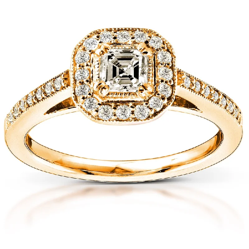 personalized initial ring -Annello by Kobelli 14k Yellow Gold 1/2ct TDW Asscher Diamond Halo Engagement Ring