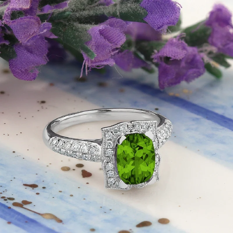 wide band silver ring -Auriya 1 3/8ct Fancy Cushion-cut Peridot Halo Diamond Engagement Ring 1/3ctw 14k Gold